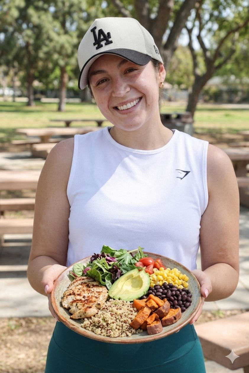 Gio with a healthy meal bowl