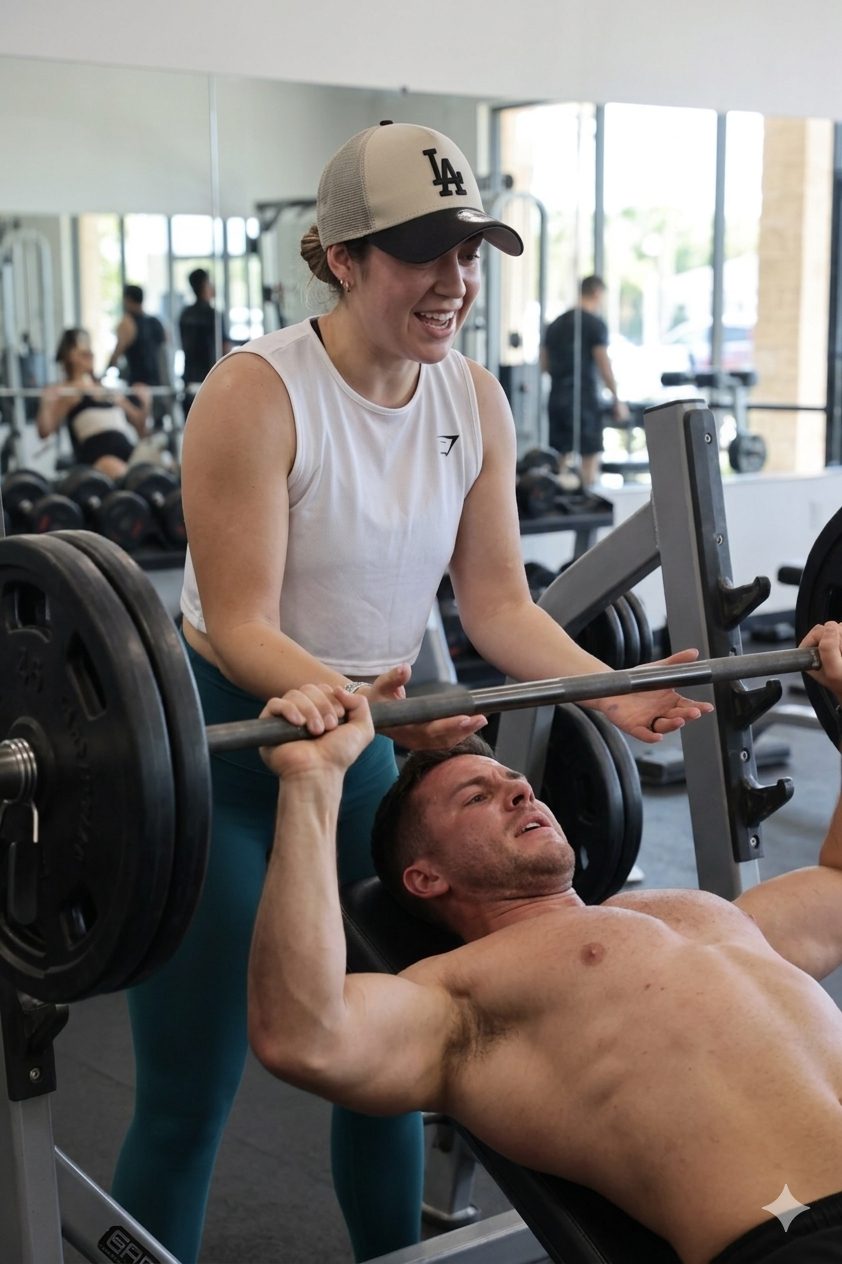 Gio coaching a client during a bench press session